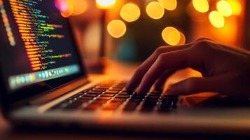 a Close up of female hands while typing on laptop. displaying lines of colorful programming code on the screen. photo