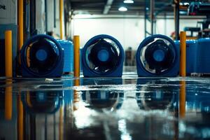 Industrial fan in a warehouse with a wet floor, cleanup, and pavement dried out., photo