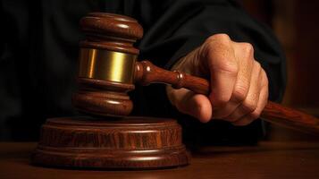 a Hand holding a gavel above a sounding block, symbolizing legal decision-making. photo