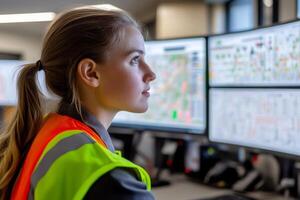 A woman in a safety vest is looking at a computer monitor,, photo
