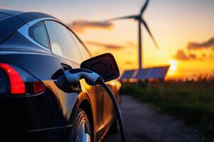 Using of charge station, solar panel and windmill background. Sustainability assessment, renewable energy concept. Electric vehicle using sustainable source, wind generator. Saving, climate change.,. photo