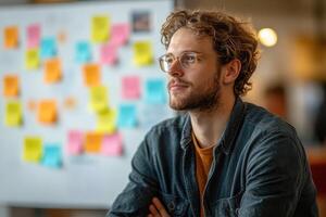 man in casual attire using colorful sticky notes to brainstorming about idea on a whiteboard photo