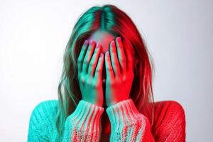 An individual covers their face with both hands, conveying a sense of distress or emotional turbulence, depicted in a close-up shot focusing on the hands and partial expression.. photo