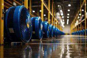 Industrial fan in a warehouse with a wet floor, cleanup, and pavement dried out.,. photo