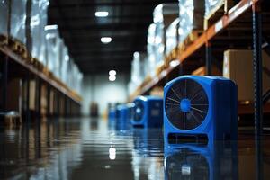 Industrial fan in a warehouse with a wet floor, cleanup, and pavement dried out photo
