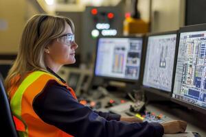 woman in a safety vest is looking at a computer monitor photo