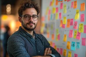 man in casual attire using colorful sticky notes to brainstorming about idea on a whiteboard, photo
