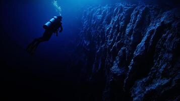scuba diver at the edge of a drop-off, endless deep blue abyss, feeling of awe and solitude.,, photo