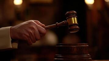 Hand holding a gavel above a sounding block, symbolizing legal decision-making... photo
