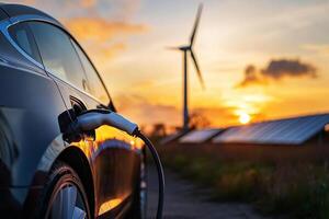Using of charge station, solar panel and windmill background. Sustainability assessment, renewable energy concept. Electric vehicle using sustainable source, wind generator. Saving, climate change.,, photo