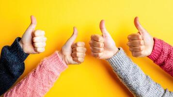 diverse group of people showing thumbs up signs with their hands against a isolated yellow background.., photo