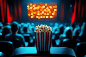 Close up on a red and white striped popcorn cup with lots of popcorn in a movie theater photo