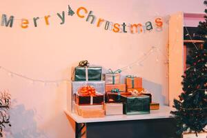 Christmas tree and presents in a room photo