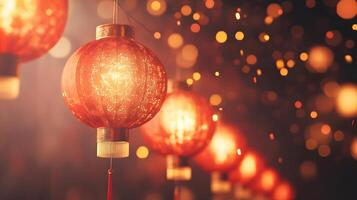 A beautiful display of glowing red lanterns, adorned with intricate designs, hanging against a backdrop of soft bokeh lights. photo