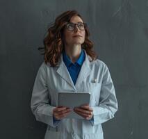 A woman in a lab coat holding a tablet photo