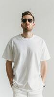 A man in sunglasses and a white t - shirt photo