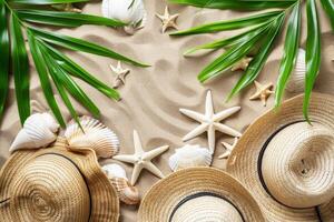 Summer background with straw hats, palm leaves and shells on sand photo