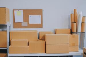 A room with boxes and other items on a shelf photo