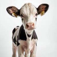 cute black white cow on White Background Looking at Camera. photo