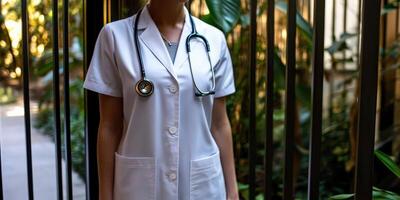 Female doctor in a white coat with a stethoscope in a lush environment photo