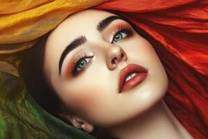 Stunning portrait of a woman with vibrant makeup and colorful fabric backdrop photo