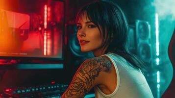 Stylish woman with a tattoo in a vibrant music studio setting photo