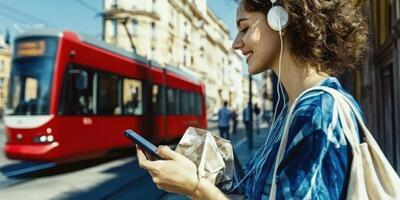 Young woman enjoying music on her smartphone while waiting for a tram photo