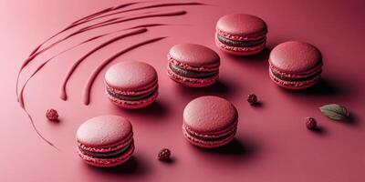 Delicious red macarons arranged artistically on a pink background photo