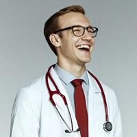 Smiling male doctor wearing glasses and a stethoscope, exuding confidence photo