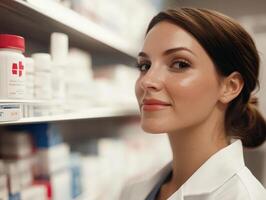 Pharmacist smiling while organizing medication on the pharmacy shelf photo