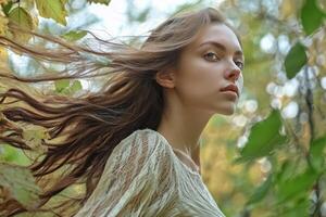 Young woman with flowing hair surrounded by lush greenery in nature photo
