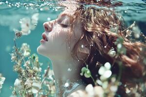 Woman submerged in water surrounded by delicate flowers, embodying tranquility photo
