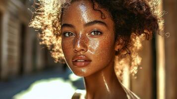 Radiant woman with glowing skin and natural freckles in soft sunlight photo