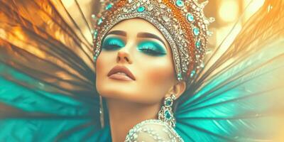 Stunning woman in a vibrant headdress with dramatic makeup and feathers photo