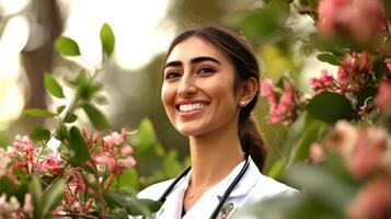 Smiling female doctor surrounded by blooming flowers in a serene setting photo