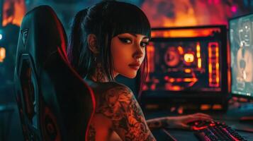 Gamer woman with tattoos focused on her computer in a vibrant setting photo