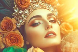 Stunning woman adorned with a crown and roses, radiating beauty and elegance photo