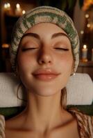 Woman relaxing with closed eyes, showcasing a serene expression and natural beauty photo