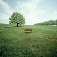 Serene landscape featuring a bench under a tree in a lush green field photo