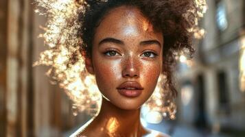 Beautiful woman with curly hair and freckles glowing in sunlight photo