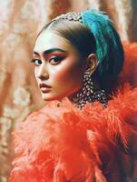 Stunning portrait of a woman in vibrant feathers and glamorous accessories photo
