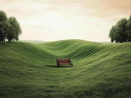 Serene landscape with a wooden bench surrounded by lush green hills photo