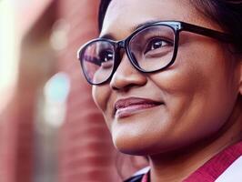 Woman with glasses smiling confidently against a brick background photo