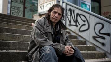 Homeless man sitting on the steps of a building photo