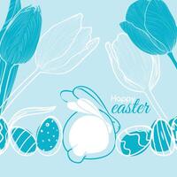 Light blue design for Happy Easter with white fill shape within an outline rabbit and eggs. Line art flowers with fill flowers on the background and a Happy Easter font mix. vector