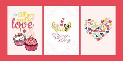 Valentine's Day designs in A4 format with cupcakes, crowns and hearts. Hand drawn illustration. Easy to edit format for cards, invitations, visuals. vector