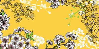 Cherry blossoms banner template with space for text in the middle. Hand drawn line art and fills of spring flowers. File can be used for both online and print projects. Flowers background design. vector
