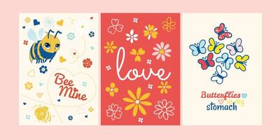 Bee Valentines design in A4 format with flowers, bees, butterflies. Easy to edit format for cards, invitations, visuals. Hand drawn assets. vector