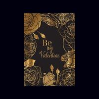 Hand drawn outline and fill roses background for Valentines card design. A4 format with roses bloom and buds with an elegant and luxurious golden color palette. vector
