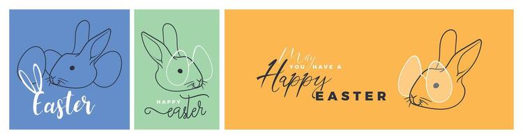 Happy Easter banner, A4 poster, square visual for social media. Trendy Easter design with typography, minimalist eggs and bunny in mint green color. Poster, greeting card, website header. vector
